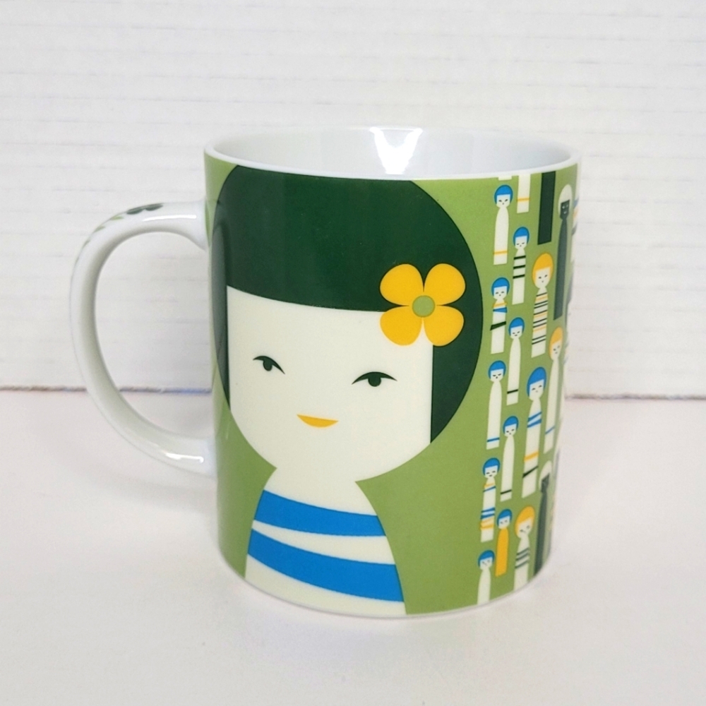 Jewel Japan Kokeshi Dolls Green White Tea Coffee Mug NWOB